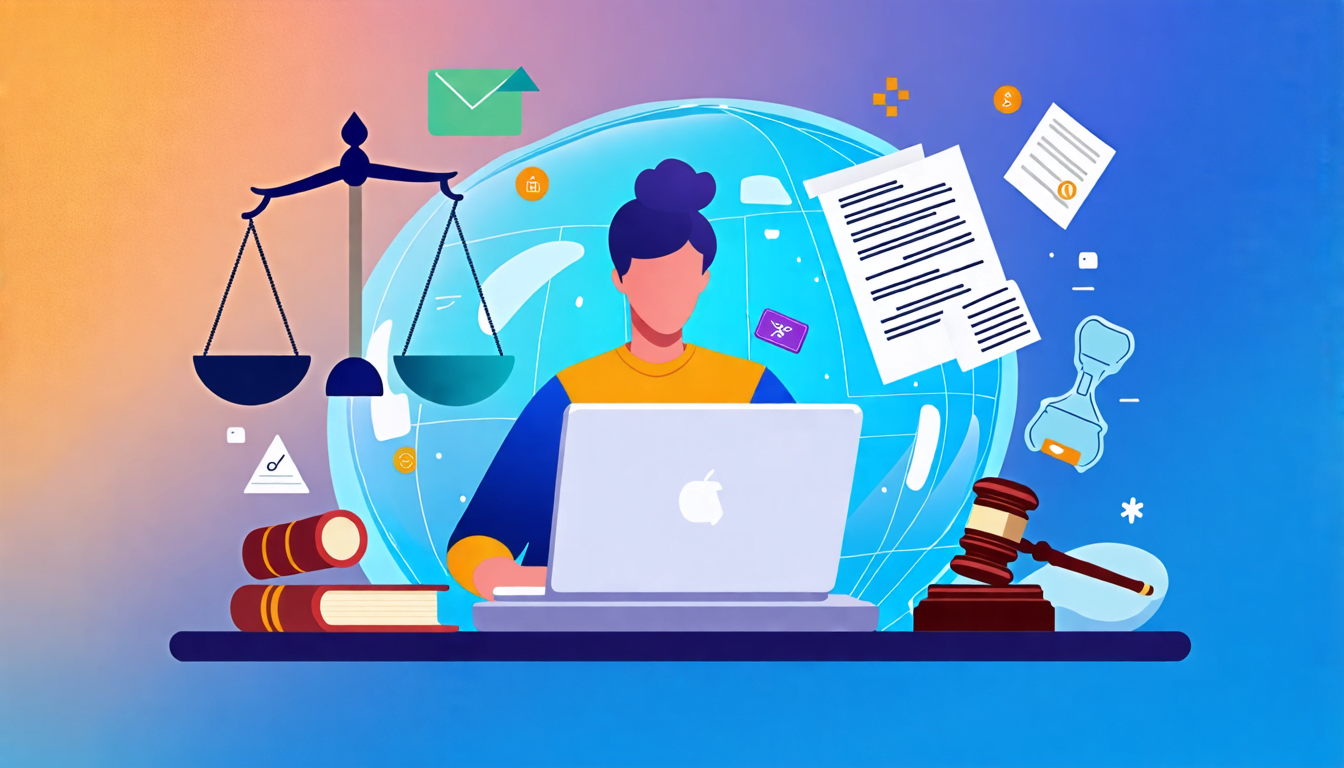 A digital illustration showing a freelancer working on a laptop, surrounded by a protective bubble. The bubble is made up of legal documents and insurance