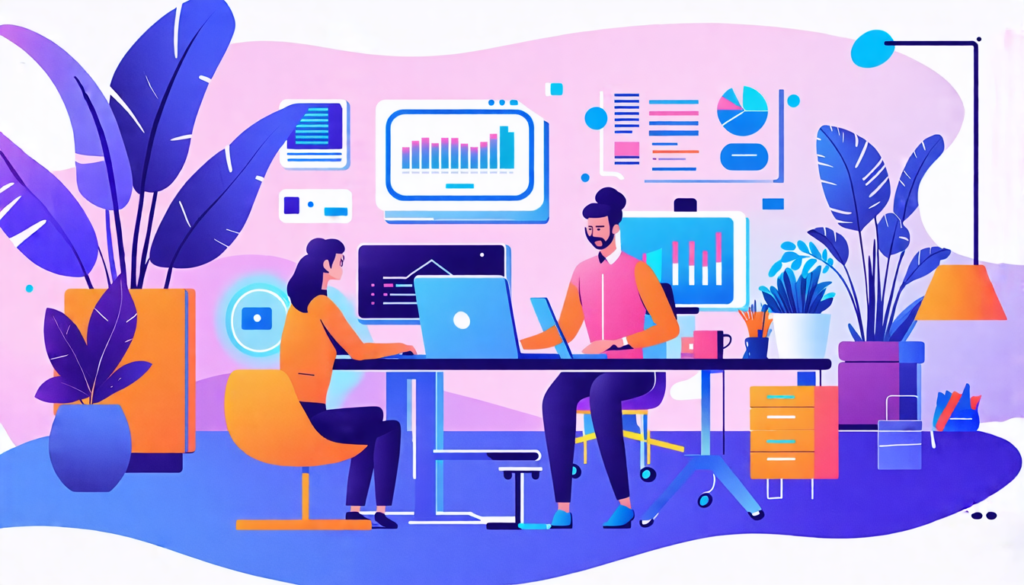 Create an illustration of a modern remote work environment where digital recognition technology is seamlessly integrated. The scene features a diverse group of professionals working from home, utilizi
