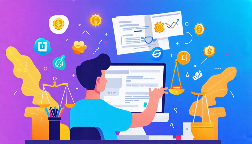 A digital illustration showing a freelancer sitting at a desk with a laptop, surrounded by floating symbols representing different types of intellectual pr