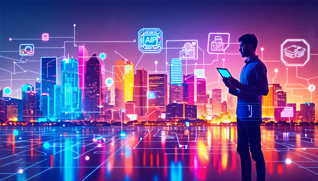 A colorful, futuristic cityscape with glowing interconnected buildings and floating data streams. In the foreground, a person stands holding a tablet, with