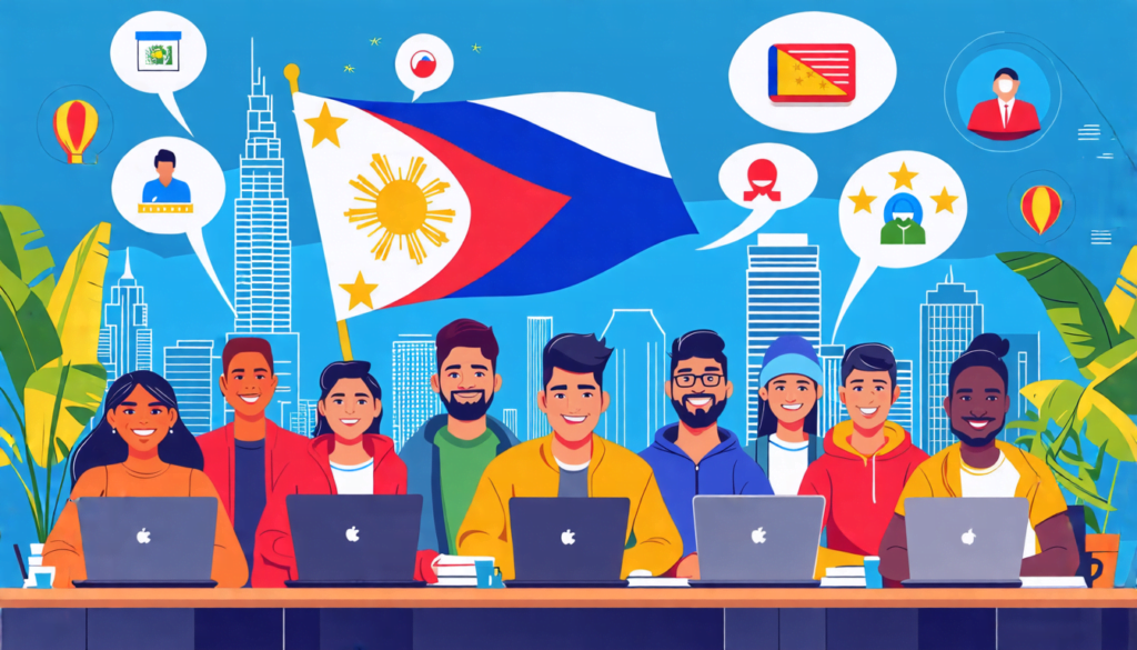 A vibrant digital illustration showing a diverse group of Filipino freelancers working on laptops in a modern co-working space. The background features ico