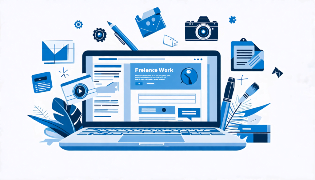 A stylized digital illustration showcasing a diverse array of freelance work samples floating around a central laptop. The laptop screen displays a polishe