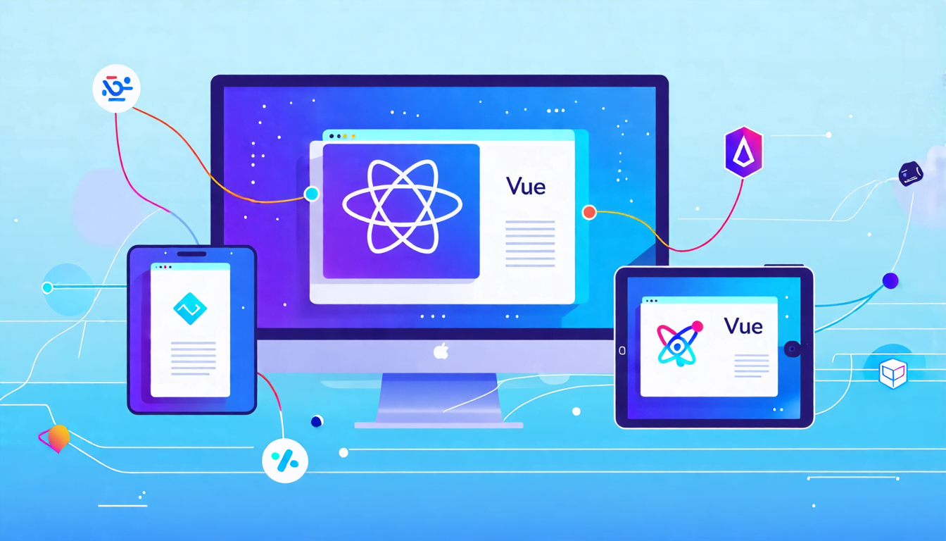 A modern, minimalist illustration showing three interconnected screens (desktop, tablet, and smartphone) floating in space. Each screen displays a stylized