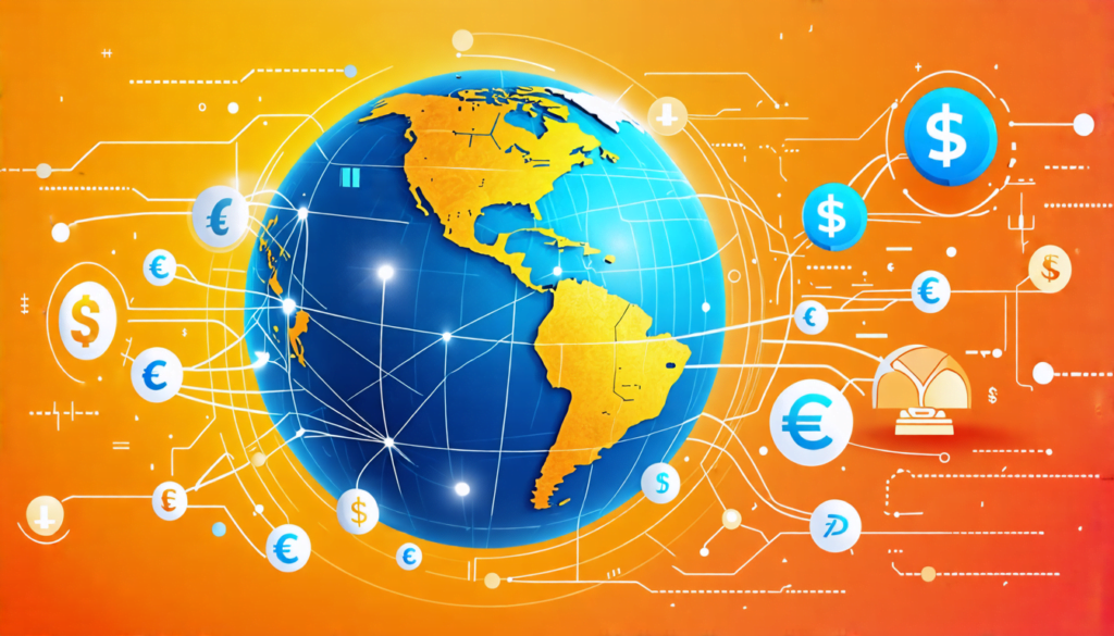 A globe surrounded by various international currency symbols, with digital payment streams flowing between countries, showcasing a modern, interconnected f