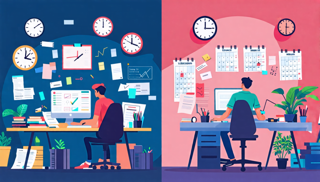 A split-screen image showing two contrasting scenes of a freelancer's workspace. On the left side, a chaotic desk with papers scattered, multiple clocks sh