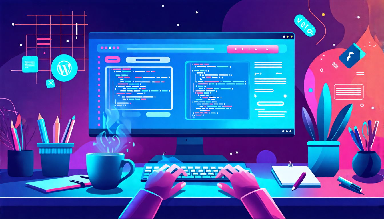 A digital workspace with a large monitor displaying WordPress code and interface elements, surrounded by web development tools and icons. A person's hands