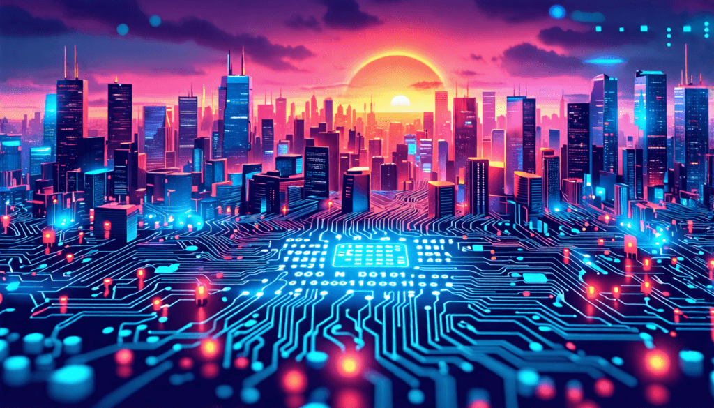 An abstract representation of a futuristic cityscape where software elements like code and algorithms are intertwined with various hardware components such as circuit boards, processors, and smartphon