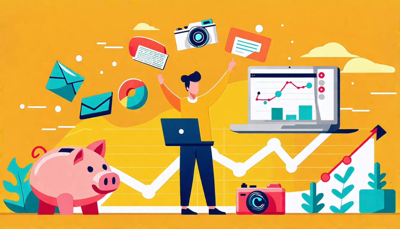 A digital illustration showing a freelancer juggling multiple work-related icons (laptop, smartphone, camera) while balancing on a piggy bank. The backgrou