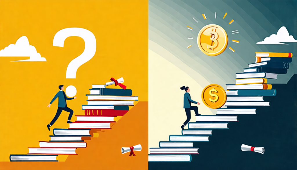 A split-screen image: On one side, a person confidently climbing a staircase made of stacked books and diplomas, reaching towards a shining gold coin. On t