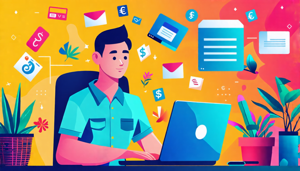 A colorful digital illustration showing a Filipino freelancer sitting at a desk with a laptop, surrounded by floating icons representing various invoicing
