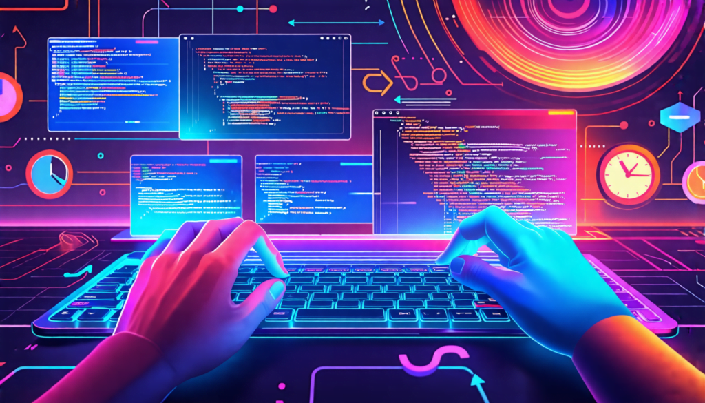 A digital workspace with multiple floating screens, each displaying different JavaScript code snippets. In the foreground, a pair of hands types on a futur