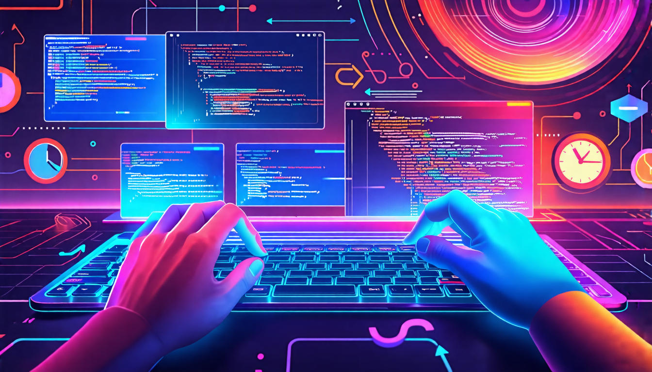 A digital workspace with multiple floating screens, each displaying different JavaScript code snippets. In the foreground, a pair of hands types on a futur