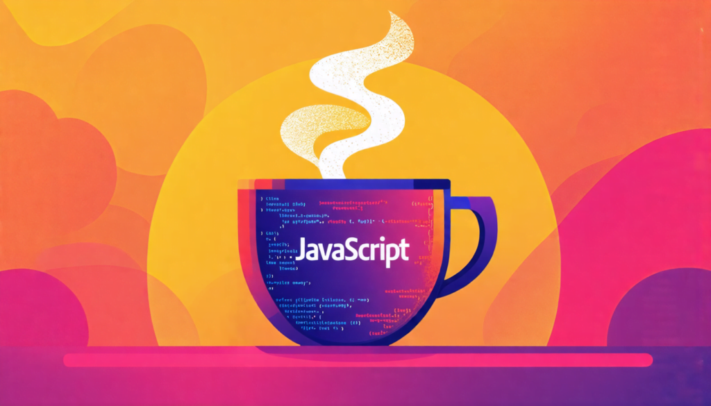 A stylized illustration of a coffee mug with steaming coffee, where the steam forms the shape of the JavaScript logo. The mug is adorned with code snippets