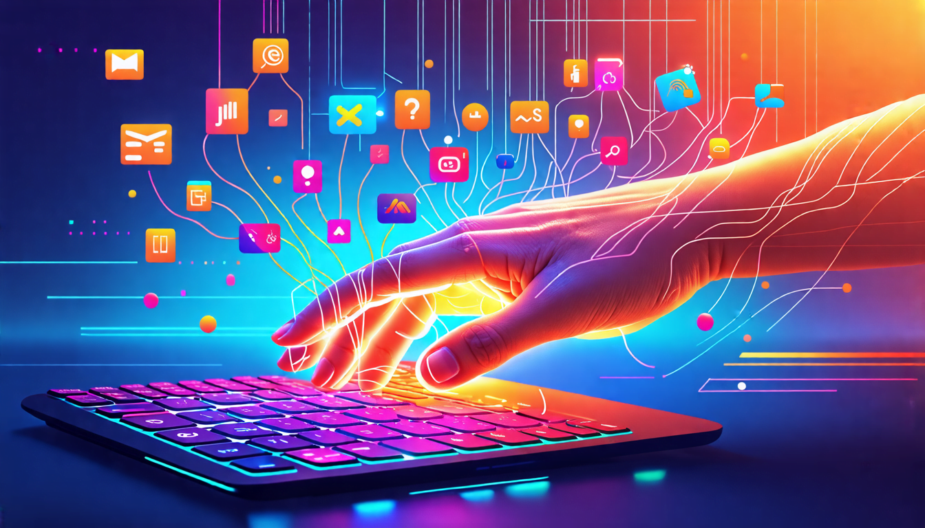 A digital illustration showing a hand hovering over a computer keyboard, with colorful, glowing lines connecting the fingertips to various JavaScript symbo