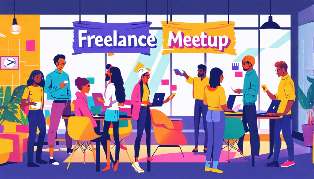 A vibrant networking event scene with diverse freelancers mingling in a modern coworking space. The image shows people of various professions (designers, w