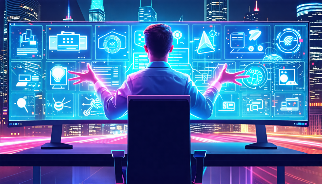 A futuristic office worker sitting at a desk with multiple holographic screens displaying various technologies and software updates. The worker appears to