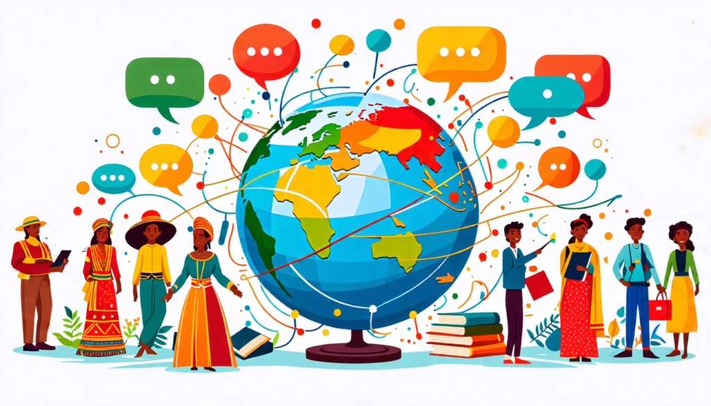 A globe with speech bubbles in different languages emerging from various countries, surrounded by diverse people wearing traditional attire from different