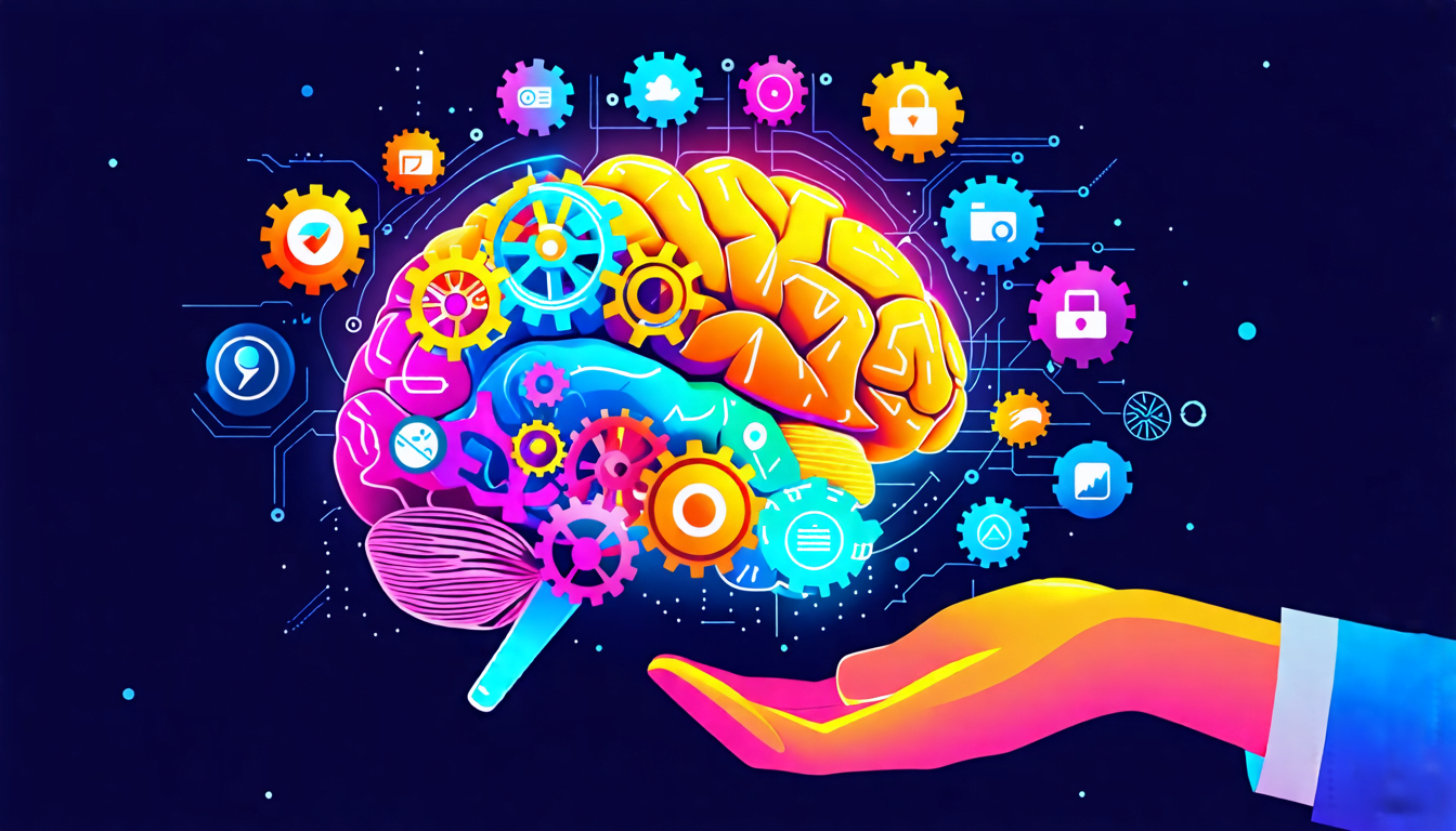 A colorful, stylized image of a brain with gears inside, surrounded by floating icons representing various software applications and tools. The brain is gl