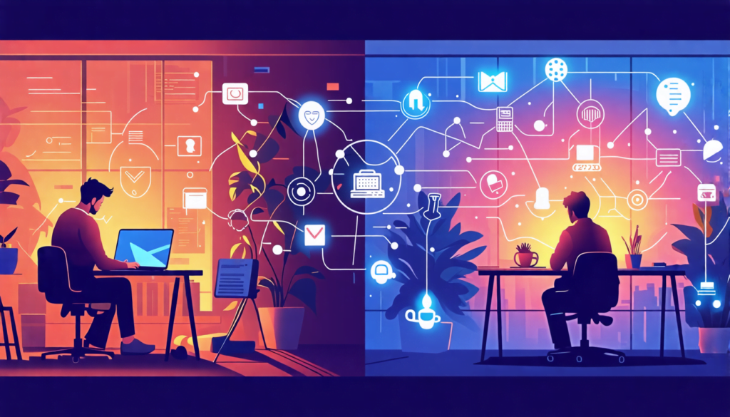 A split-screen image: On one side, a creative professional working on a laptop in a cozy home office with scattered notebooks and coffee. On the other side