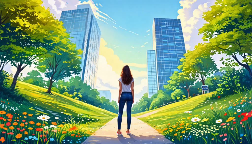 Create an inspiring image of a young woman, Kaitlyn Blair, standing confidently at a crossroads, with one path leading to a traditional office building and the other leading to a vibrant outdoor scene