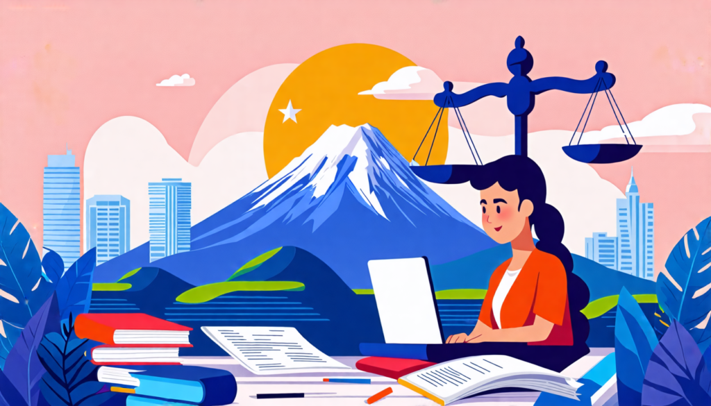 A digital illustration showing a Filipino freelancer working on a laptop, surrounded by legal documents and contracts. The background features iconic Filip