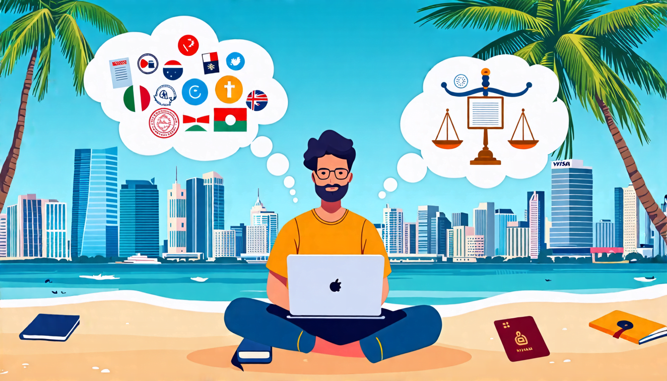 A digital nomad sitting on a beach with a laptop, surrounded by passport stamps, visa documents, and legal scales. The background shows a mix of tropical s