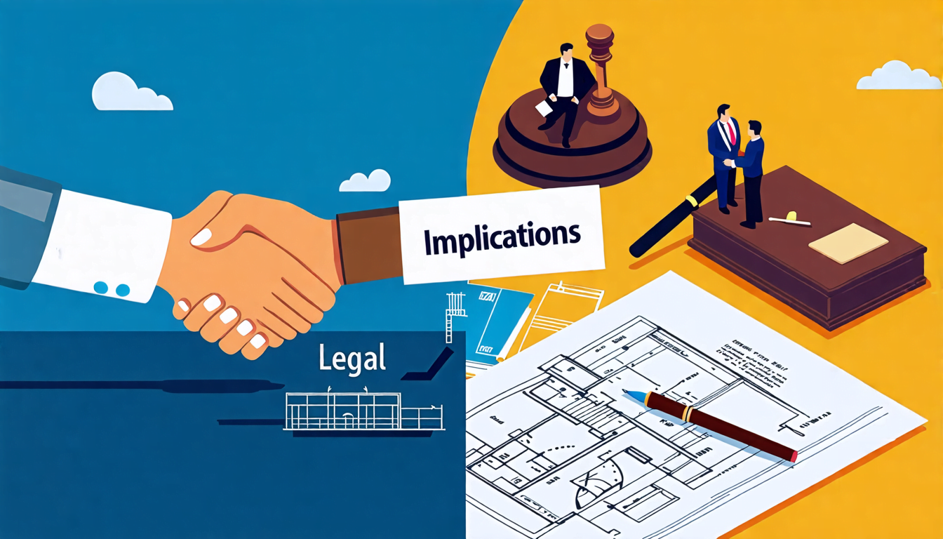 A split image: on one side, a handshake between a contractor and subcontractor in front of a construction site, with blueprints visible. On the other side,