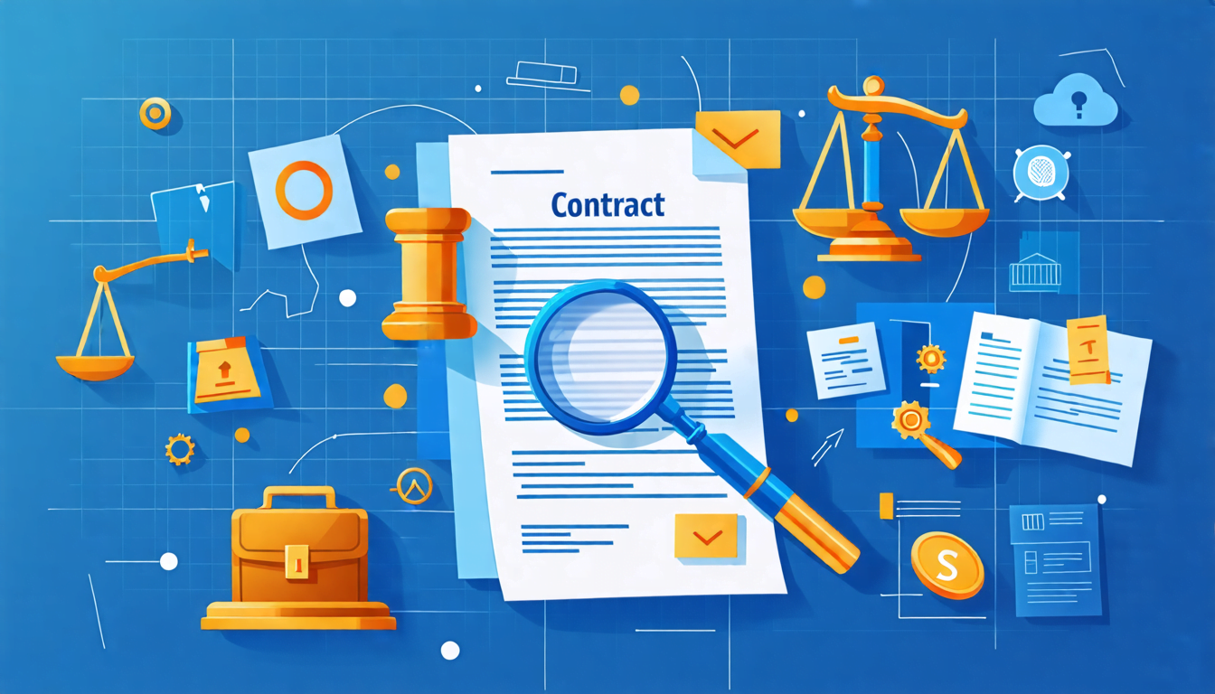A digital workspace with legal documents, contracts, and tools scattered across it. In the center, a large magnifying glass hovers over a contract, highlig