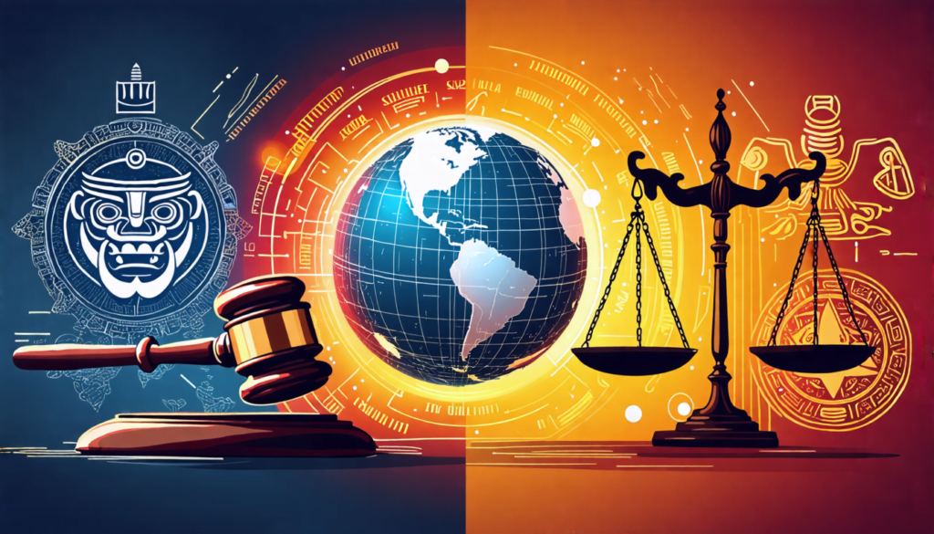 A split image: on one side, a gavel and scales of justice representing Western legal systems; on the other side, diverse cultural symbols like a yin-yang,