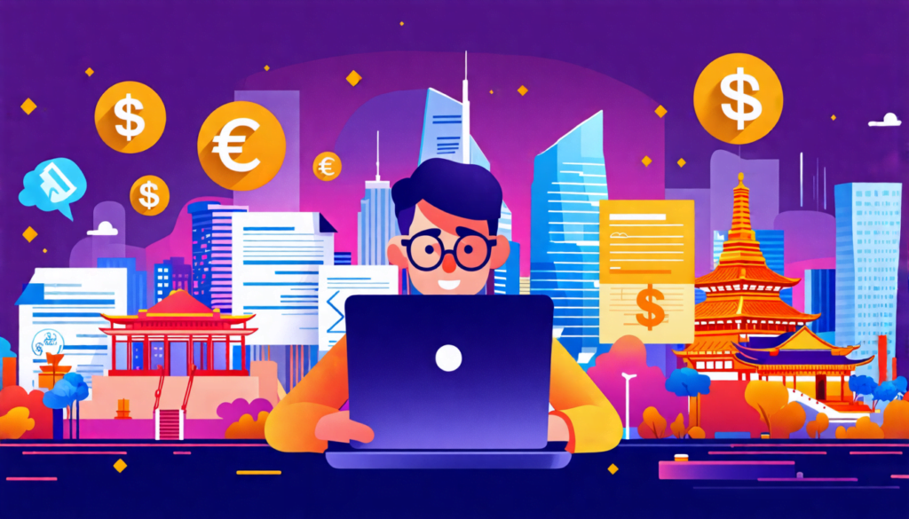 A digital illustration showing a freelancer working on a laptop in a stylized Asian setting, surrounded by floating icons representing legal documents, tax