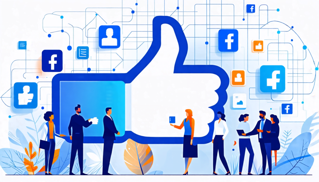A professional networking scene with diverse people interacting inside a large, stylized Facebook 'thumbs up' icon. The icon is transparent, allowing visib
