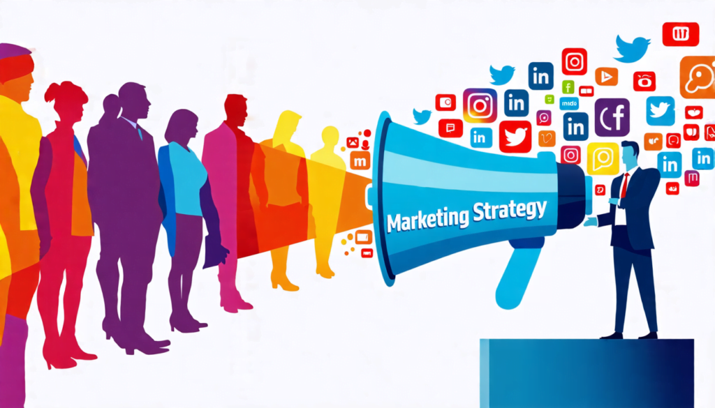 A stylized image of a megaphone emitting colorful social media icons (Facebook, Twitter, Instagram, LinkedIn) as sound waves, reaching out to diverse silho