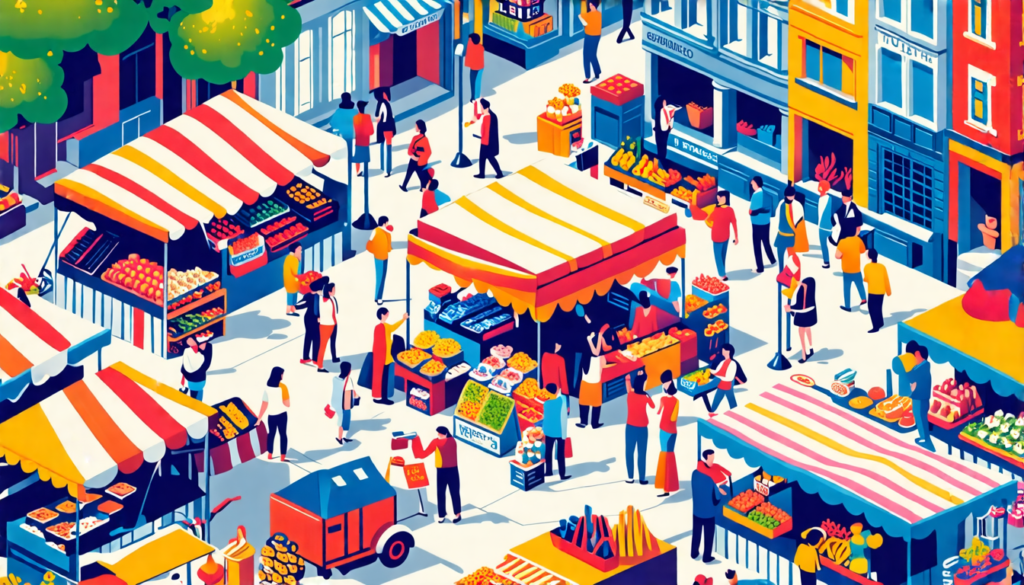 Create an image of a bustling marketplace filled with diverse stalls and vendors. In the center, highlight a unique booth that stands out with vibrant colors, innovative products, and engaging interac