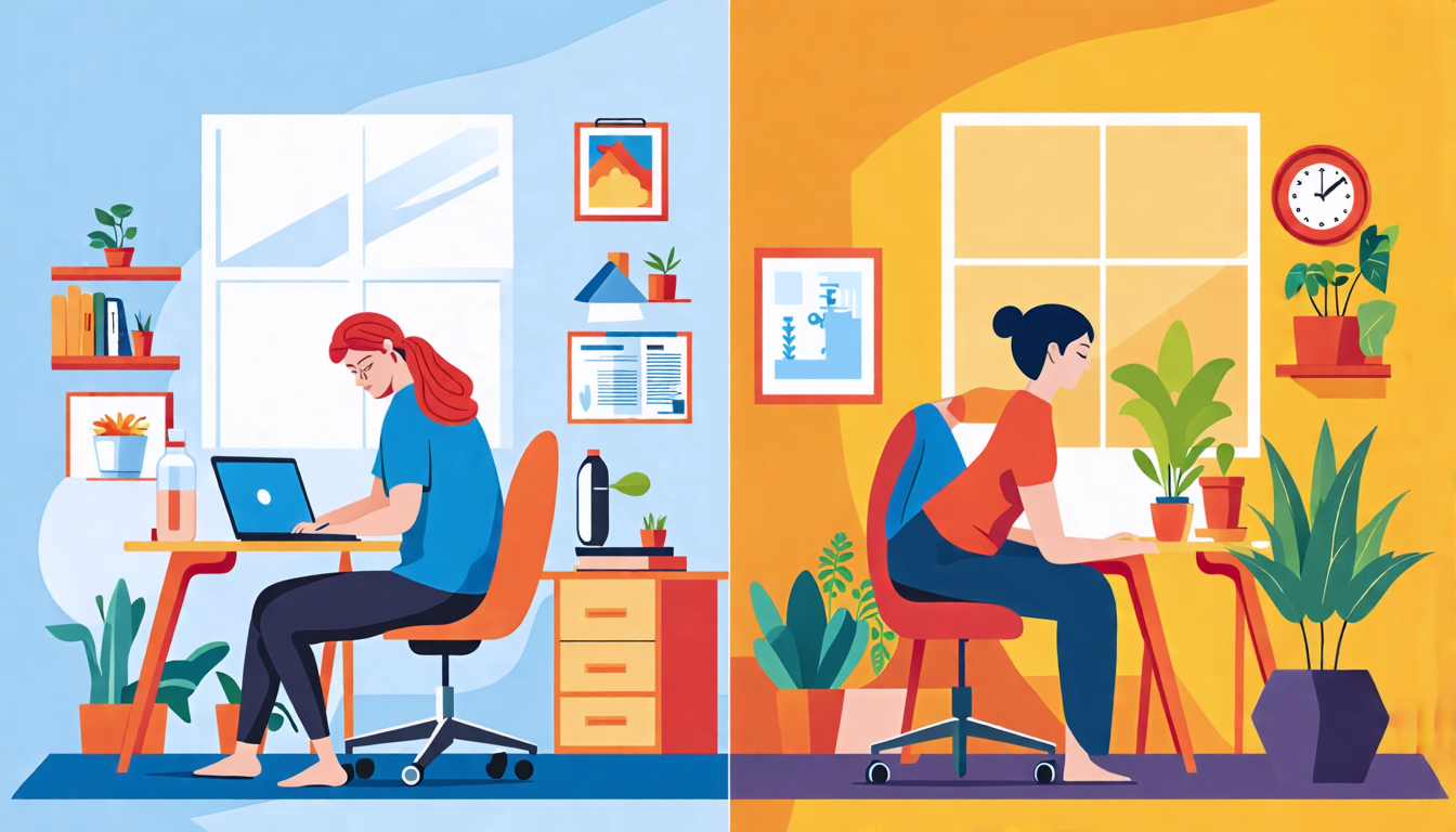A split-screen image: On one side, a person working at a home office desk with a laptop, looking slightly hunched and tired. On the other side, the same pe