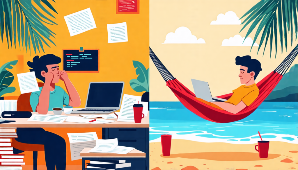 A split-screen image: On one side, a stressed freelancer surrounded by multiple laptops, papers, and coffee cups, looking overwhelmed. On the other side, t