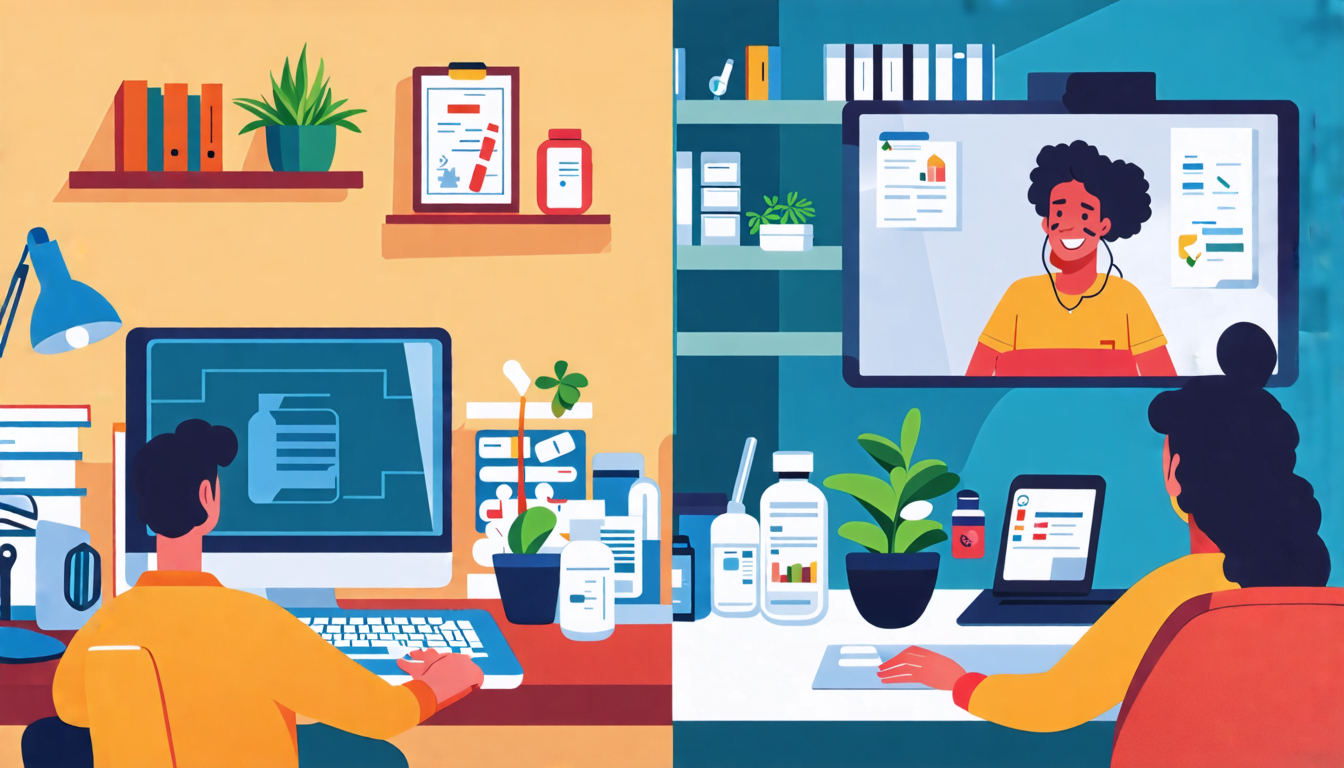 A split-screen image: On one side, a person working on a laptop in a cozy home office, surrounded by medical supplies like pill organizers and a blood pres