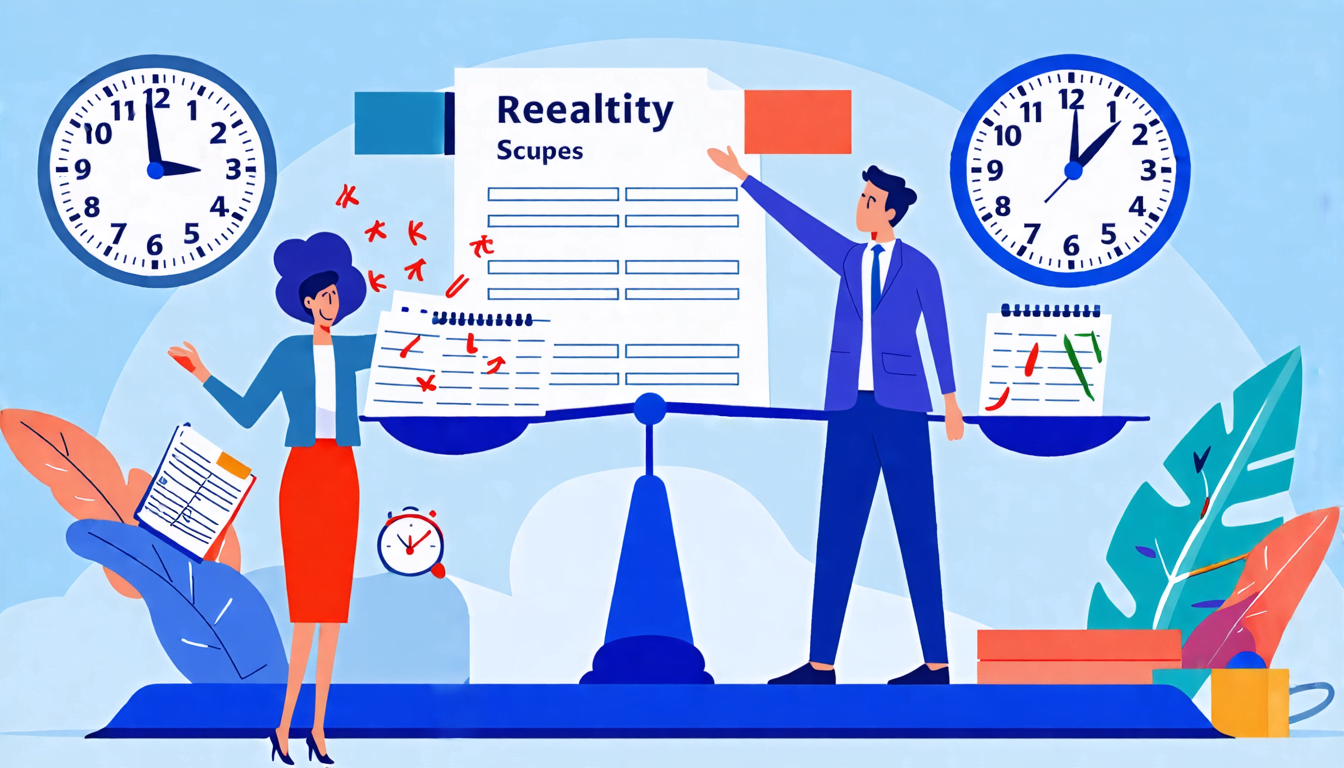 A stressed office worker juggling multiple clocks, calendars, and to-do lists while a calm, professional figure stands nearby gesturing towards a clearly d