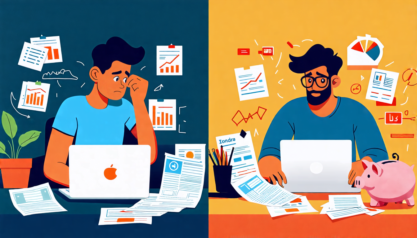 A split-screen image: On one side, a stressed freelancer surrounded by bills and invoices at a cluttered desk. On the other side, the same freelancer looki