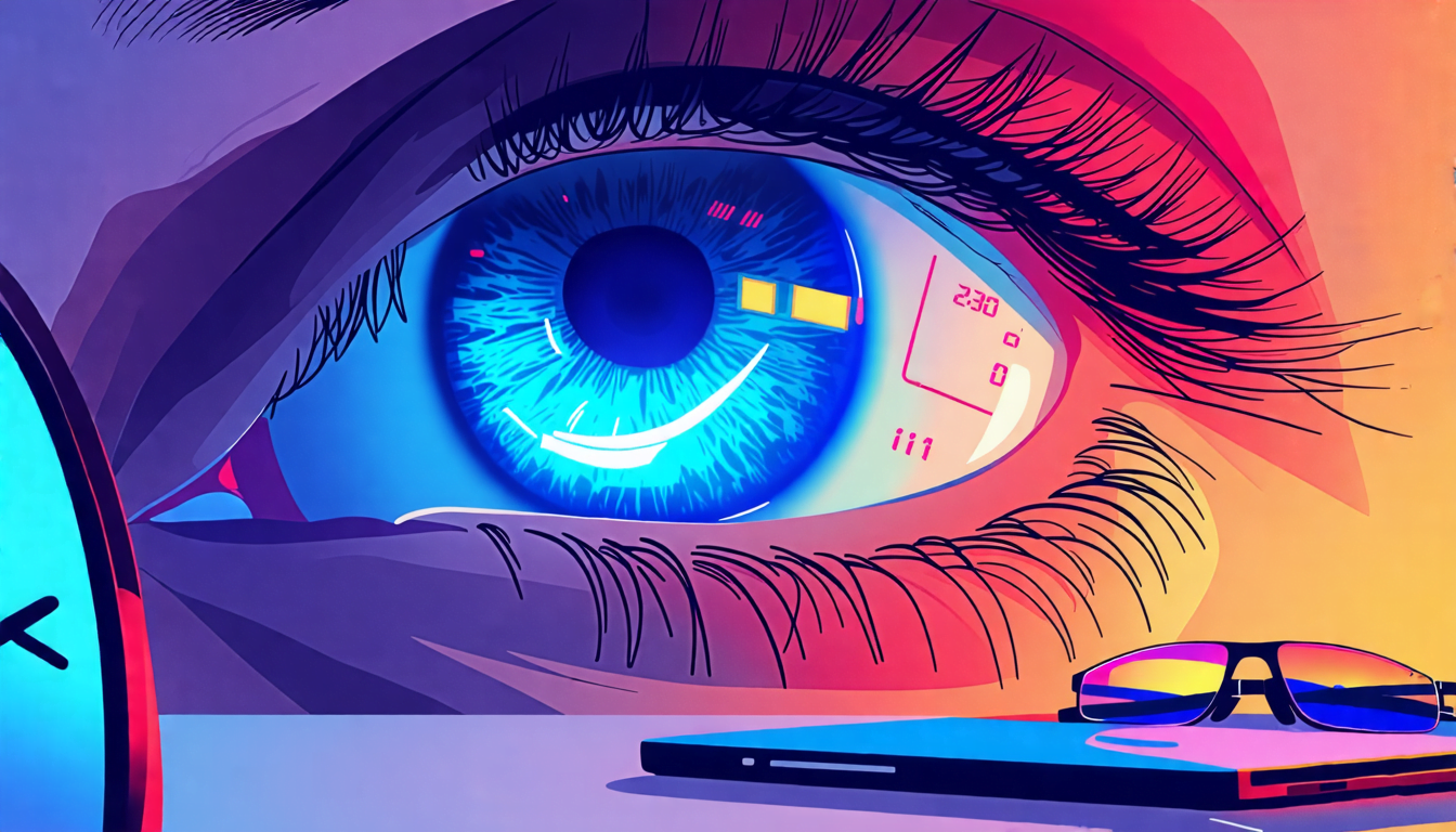 A close-up view of a tired human eye with visible red veins, reflecting a glowing screen in its pupil. Nearby, a digital clock shows extended hours, and a