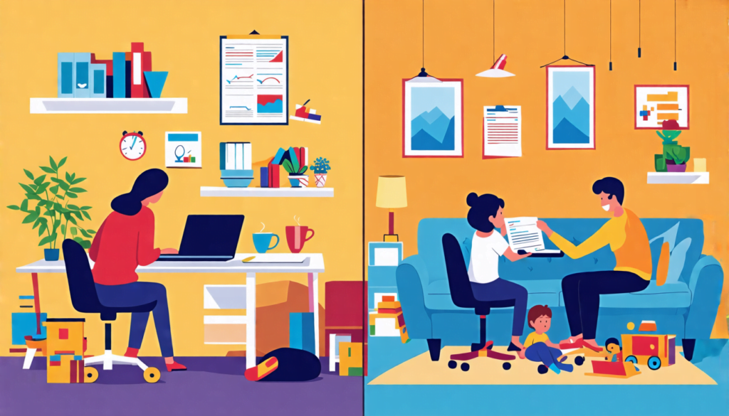 A split-screen image: on one side, a home office with a laptop, papers, and a coffee mug; on the other side, a living room with toys, children playing, and