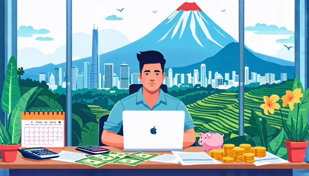 A Filipino freelancer sitting at a desk with a laptop, surrounded by peso bills and coins. The desk has a calendar, calculator, and paperwork visible. In t