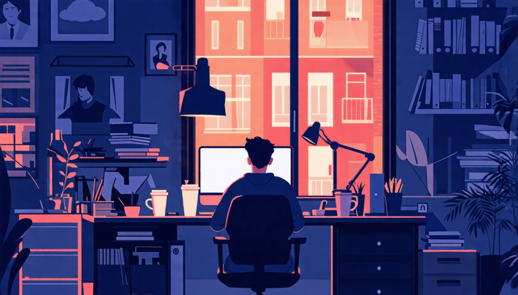 A somber freelancer sitting alone at a desk in a dimly lit home office, staring at a computer screen. The room is cluttered with work materials, coffee cup