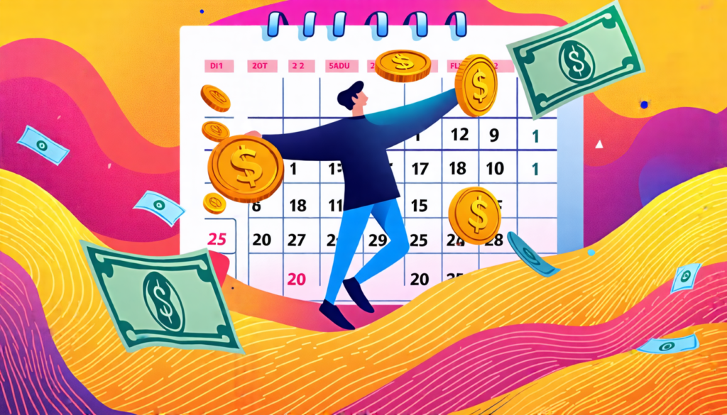 A surrealist image of a person juggling different-sized coins and bills, standing on a wavy, undulating surface representing financial instability. The bac