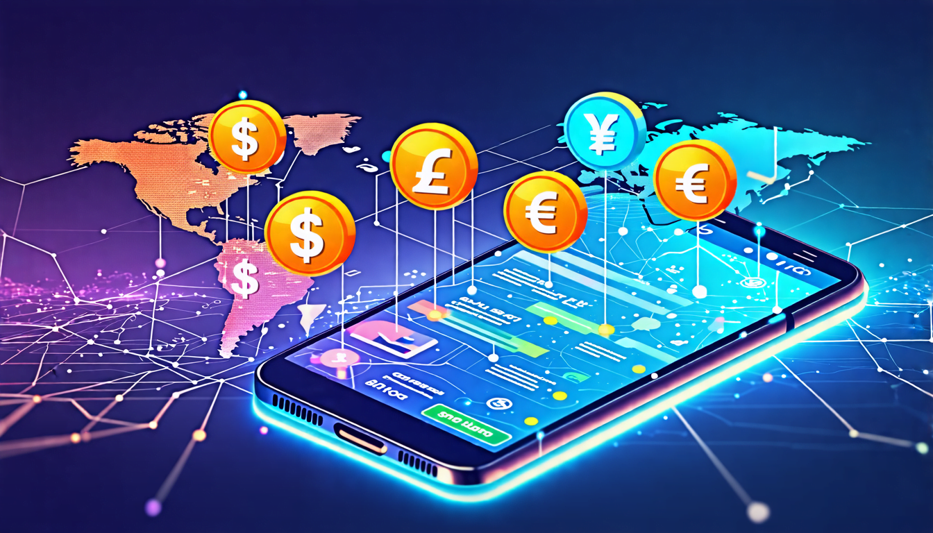 A digital wallet or smartphone screen displaying multiple international currency symbols (dollar, euro, yen, pound) floating above it, with colorful lines