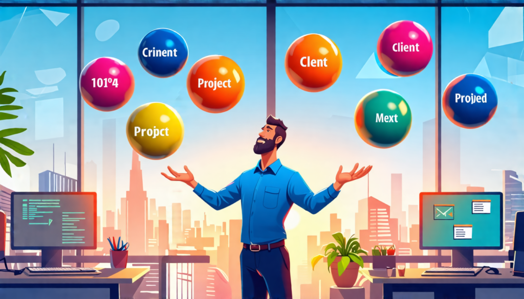A busy professional juggling multiple colorful balls, each labeled with different client names and project titles, against a backdrop of a modern office se