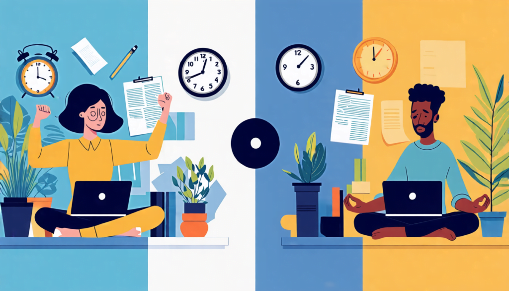 A split-screen image: On one side, a stressed freelancer surrounded by multiple laptops, papers, and clocks, looking overwhelmed. On the other side, the sa