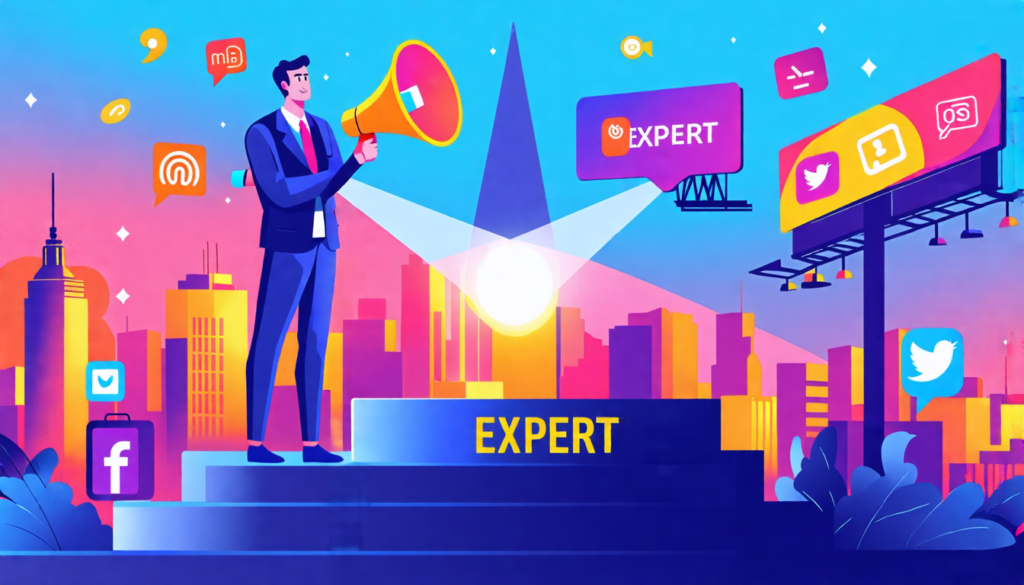 A professional-looking person confidently standing on a pedestal labeled EXPERT, surrounded by marketing tools like megaphones, billboards, and social medi