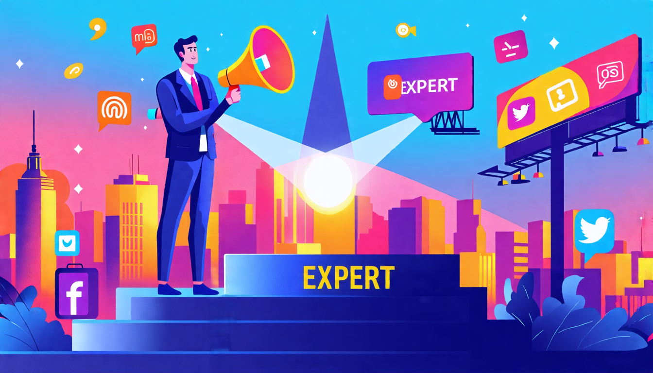 A professional-looking person confidently standing on a pedestal labeled EXPERT, surrounded by marketing tools like megaphones, billboards, and social medi