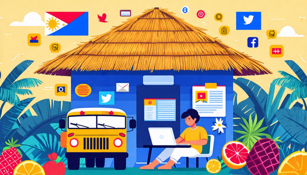 A vibrant digital illustration showing a Filipino freelancer working on a laptop in a traditional bahay kubo (nipa hut) with modern office elements. The ba