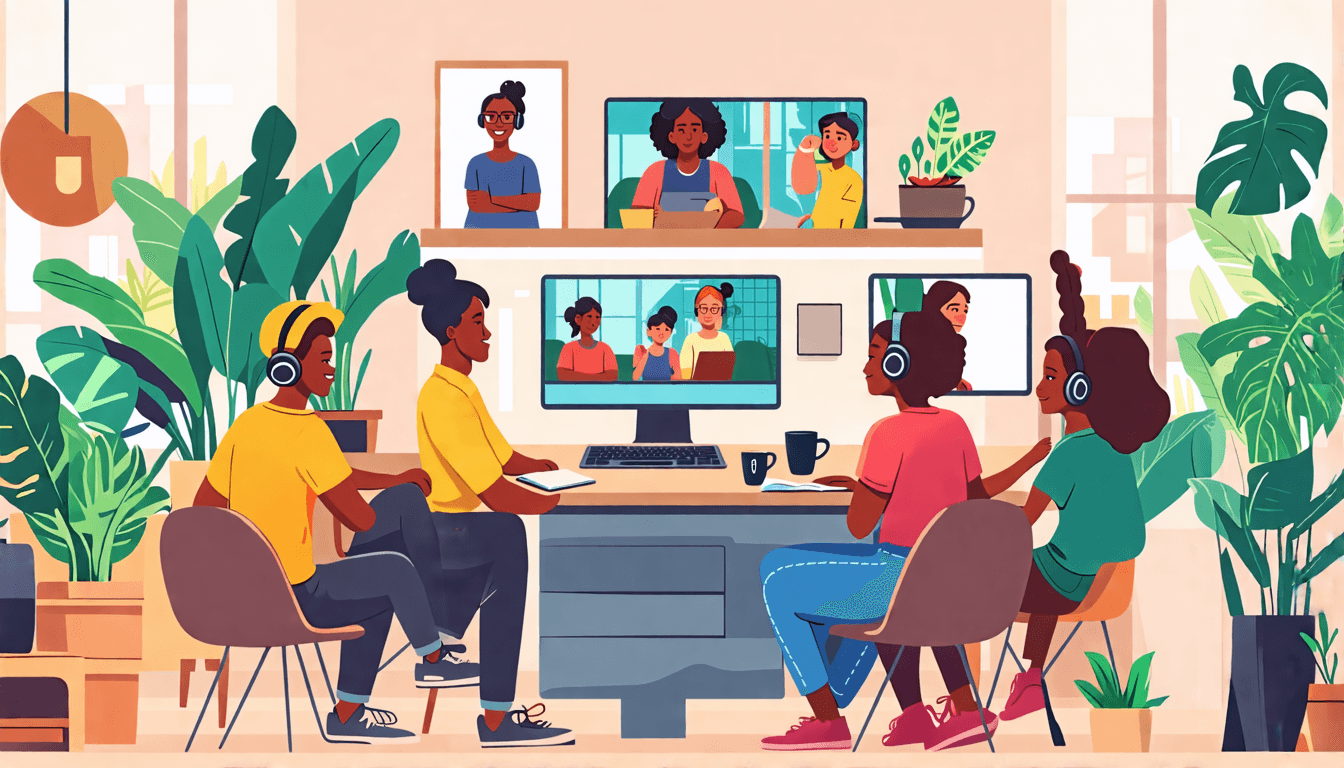 An inviting home office scene that captures the essence of casual conversations in a remote work environment. Show a diverse group of remote workers engaging in friendly discussions over video calls,